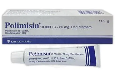 Oksitetrasiklin hcl + polimiksin b sülfat içeren merhem: POLIMISIN 10.000 IU/30 MG DERI MERHEMI, (14,2 G) ürün ambalajı. Üretici: KOÇAK FARMA İLAÇ VE KİMYA SANAYİ A.Ş.