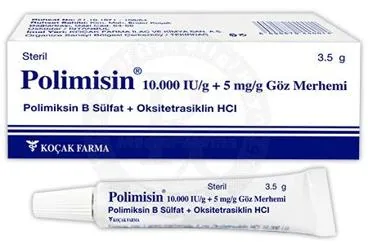 Oksitetrasiklin hcl + polimiksin b sülfat -oftalmik içeren merhem: POLIMISIN 10.000 IU/G+5MG/G GOZ MERHEMI (3,5 G) ambalajı. Üretici: KOÇAK FARMA İLAÇ VE KİMYA SANAYİ A.Ş.