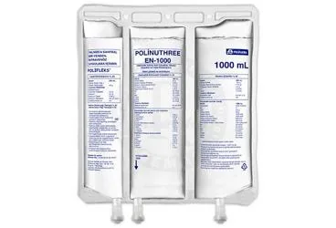 Amino asit + glukoz + zeytinyagi bazli lipid solusyonu içeren çözelti: POLINUTHREE EN-1000ELEKTROLITLI AMINO ASIT COZELTISI GLUKOZ COZELTISI VE LIPIDEMULSIYONU 1000 ML ürün ambalajı. Üretici: POLİFARMA İLAÇ SAN. VE TİC. A.Ş.