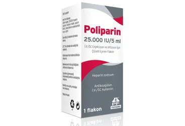 POLIPARIN 25000 IU/5 ML IV/SC ENJEKSIYON VE INFUZYON ICIN COZELTI ICEREN 1 FLAKON (heparin) kutu fotoğrafı, çözelti. Üretici: POLİFARMA İLAÇ SAN. VE TİC. A.Ş.