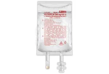Teofilin içeren çözelti: POLTEOFILIN 200 IV INF. ICIN ENJEKTABL COZELTI 100 ML SETLI ürün ambalajı. Üretici: POLİFARMA İLAÇ SAN. VE TİC. A.Ş.