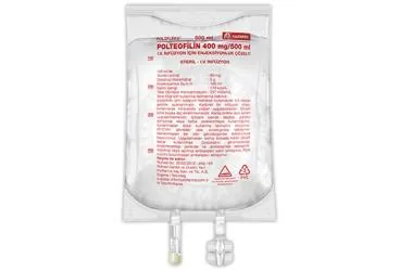Teofilin içeren çözelti: POLTEOFILIN 400 IV INF. ICIN ENJEKTABL COZELTI 500 ML SETLI ürün ambalajı. Üretici: POLİFARMA İLAÇ SAN. VE TİC. A.Ş.