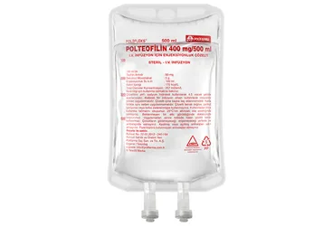 POLTEOFILIN 400 IV INF. ICIN ENJEKTABL COZELTI 500 ML SETSIZ ürün ambalajı. Teofilin içeren çözelti. Üretici: POLİFARMA İLAÇ SAN. VE TİC. A.Ş.