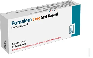 POMALEM 3 MG SERT KAPSUL (21 SERT KAPSUL) kutusu. Pomalidomid içeren kapsül. Üretici: DEVA HOLDİNG ANONİM ŞİRKETİ.