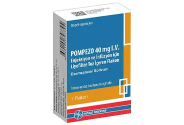 POMPEZO 40 MG IV ENJEKSIYON VE INFUZYON ICIN LIYOFILIZE TOZ ICEREN FLAKON ürün ambalajı, flakon formunda esomeprazol içerir. Üretici: WORLD MEDICINE İLAÇ SAN. VE TİC. A.Ş.