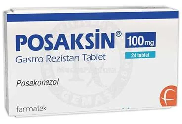 POSAKSIN 100 MG GASTRO REZISTAN TABLET (24 TABLET) kutusu. Posakonazol içeren tablet. Üretici: FARMA-TEK İLAÇ SANAYİ VE TİCARET A.Ş.