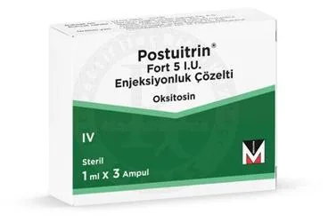 POSTUITRIN FORT 5 IU ENJEKSIYONLUK COZELTI (3 AMPUL) kutu fotoğrafı. Oksitosin içeren çözelti. Üretici: MENARİNİ SAĞLIK VE İLAÇ SANAYİ TİCARET ANONİM ŞİRKETİ.