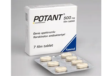 Levofloksasin içeren film kaplı tablet: POTANT 500 MG 7 FİLM TABLET ambalajı. Üretici: SANOVEL İLAÇ SANAYİ VE TİCARET ANONİM ŞİRKETİ.