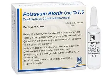 POTAS.KL %7.5 10 ML 10 AMPUL ürün ambalajı, ampul formunda potasyum klorür içerir. Üretici: OSEL İLAÇ SANAYİ VE TİCARET ANONİM ŞİRKETİ.