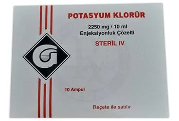 POTASYUM KLORUR 2250MG /10 ML ENJEKSIYONLUK COZELTI (10 AMP) ambalajı. Potasyum klorür içeren çözelti. Üretici: GALEN İLAÇ SAN.VE TİC.A.Ş.