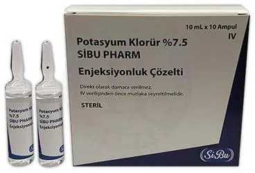POTASYUM KLORUR %7,5 SIBU PHARM ENJEKSIYONLUK COZELTI (10 AMPUL) kutusu. Potasyum klorür içeren çözelti. Üretici: SİBU PHARM İLAÇ SANAYİ VE DIŞ TİCARET ANONİM ŞİRKETİ.