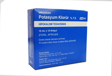 POTASYUM KLORUR 75 MG/1 ML ENJEKSIYONLUK COZELTI, 10 ML AMPUL ürün ambalajı. Potasyum klorür içeren çözelti. Üretici: DROGSAN İLAÇLARI SAN. VE TİC. A.Ş.