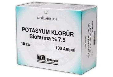 POTASYUM KLORUR BIOFARMA % 7,5 100 AMPUL kutusu, ampul formunda potasyum klorür içerir. Üretici: BİOFARMA İLAÇ SANAYİ VE TİCARET A.Ş.