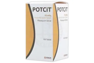 POTCIT 10 MEQ 100 KONTROLLU SALIM TABLETI kutusu. Potasyum sitrat içeren tablet. Üretici: DİNÇSA İLAÇ SAN. VE TİC. A.Ş.