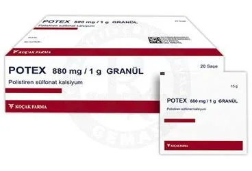 Polistiren sülfonat içeren POTEX 880MG/1G GRANUL 20 POSET ürün ambalajı. Üretici: KOÇAK FARMA İLAÇ VE KİMYA SANAYİ A.Ş.