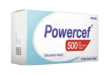 POWERCEF 500 MG 20 FILM KAPLI TABLET ürün ambalajı. Sefuroksim içeren film kaplı tablet. Üretici: VİTALİS İLAÇ SAN. TİC. A.Ş.