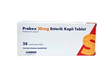 Rabeprazol içeren tablet: PRABEX 20 MG 14 ENTERİK KAPLI TABLET kutu fotoğrafı. Üretici: SANDOZ İLAÇ SANAYİ VE TİCARET A.Ş.