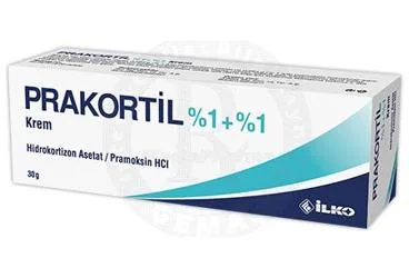 PRAKORTIL %1+%1 KREM (30 G) ambalajı. Hidrokortizon asetat kombinasyonları -topikal içeren krem. Üretici: İLKO İLAÇ SAN. VE TİC. A.Ş.