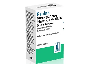 PRALAS 100 MCG/ 20 MCG INHALASYON ICIN COZELTI ICEREN OLCULU DOZLU AEROSOL (200 DOZ) (ipratropium bromür monohidrat + salbutamol sülfat) ambalajı, inhalasyon aerosolü. Üretici: DEVA HOLDİNG ANONİM ŞİRKETİ.