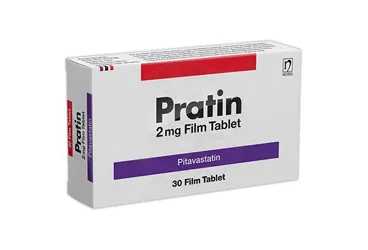 PRATIN 2 MG 30 FILM KAPLI TABLET kutu fotoğrafı, film kaplı tablet formunda pitavastatin içerir. Üretici: NOBEL İLAÇ SAN. VE TİC. A.Ş.