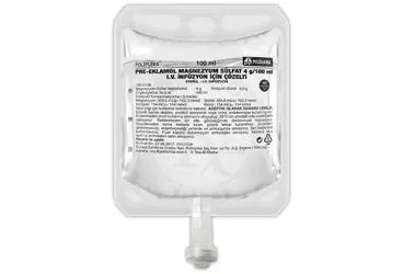PRE-EKLAMOL MAGNEZYUM SULFAT 4G/100 ML IV. INF. ICIN COZ. (100 ML SETSIZ) kutusu. Etkin maddesi magnezyum. Üretici: POLİFARMA İLAÇ SAN. VE TİC. A.Ş.