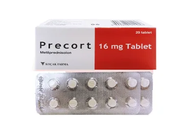 Metilprednizolon içeren tablet: PRECORT 16 MG 20 TABLET kutu fotoğrafı. Üretici: KOÇAK FARMA İLAÇ VE KİMYA SANAYİ A.Ş.