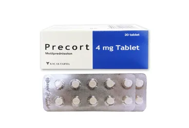 PRECORT 4 MG 20 TABLET (metilprednizolon) ürün ambalajı, tablet. Üretici: KOÇAK FARMA İLAÇ VE KİMYA SANAYİ A.Ş.