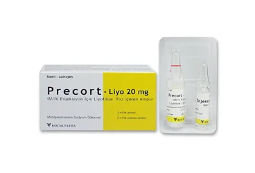 PRECORT-LIYO 20 MG IM/IV ENJEKSIYON ICIN LIYOFILIZE TOZ ICEREN AMPUL ambalajı, ampul formunda metilprednizolon içerir. Üretici: KOÇAK FARMA İLAÇ VE KİMYA SANAYİ A.Ş.