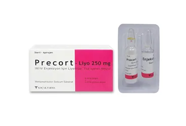 Metilprednizolon içeren ampul: PRECORT-LIYO 250 MG IM/IV ENJEKSIYON ICIN LIYOFILIZE TOZ ICEREN AMPUL ambalajı. Üretici: KOÇAK FARMA İLAÇ VE KİMYA SANAYİ A.Ş.