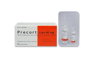 PRECORT-LIYO 40 MG IM/IV ENJEKSIYON ICIN LIYOFILIZE TOZ ICEREN AMPUL ambalajı, ampul formunda metilprednizolon içerir. Üretici: KOÇAK FARMA İLAÇ VE KİMYA SANAYİ A.Ş.