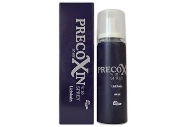 Lidokain -topikal içeren sprey: PRECOXIN %10 SPREY (40 ML) ambalajı. Üretici: AYMED İLAÇ.SAN.TİC.LTD.ŞTİ.