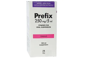 PREFIX 250 MG/5 ML 100 ML ORAL SÜSPANSİYON HAZIRLAMAK İÇİN TOZ ürün ambalajı, oral süspansiyon formunda sefprozil içerir. Üretici: NOBEL İLAÇ SAN. VE TİC. A.Ş.