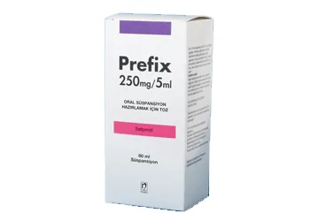 PREFIX 250 MG/5 ML 60 ML ORAL SÜSPANSİYON HAZIRLAMAK İÇİN TOZ (sefprozil) ürün ambalajı, oral süspansiyon. Üretici: NOBEL İLAÇ SAN. VE TİC. A.Ş.