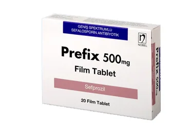 PREFIX 500 MG 10 FİLM TABLET ambalajı. Sefprozil içeren film kaplı tablet. Üretici: NOBEL İLAÇ SAN. VE TİC. A.Ş.