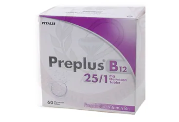 PREPLUS B12 25/1 MG 60 EFERVESAN TABLET ambalajı. Pregabalin + vitamin b12 içeren efervesan tablet. Üretici: CELTİS İLAÇ SANAYİ VE TİCARET ANONİM ŞİRKETİ.