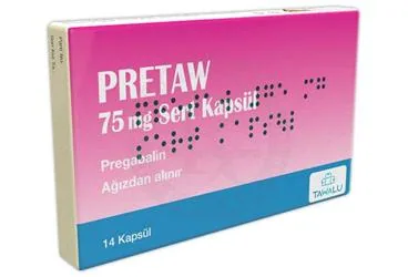 PRETAW 75 MG SERT KAPSUL (14 KAPSUL) ambalajı, kapsül formunda pregabalin içerir. Üretici: TAWALU PHARMA İLAÇ SANAYİ VE TİCARET ANONİM ŞİRKETİ.