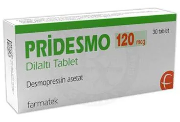 Desmopressin içeren tablet: PRIDESMO 120 MCG DILALTI TABLET (30 TABLET) kutu fotoğrafı. Üretici: FARMA-TEK İLAÇ SANAYİ VE TİCARET A.Ş.
