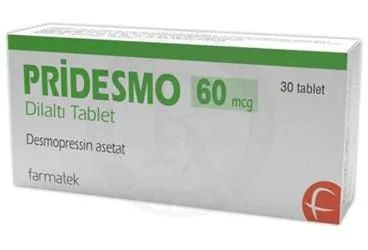PRIDESMO 60 MCG DILALTI TABLET (30 TABLET) (desmopressin) ürün ambalajı, tablet. Üretici: FARMA-TEK İLAÇ SANAYİ VE TİCARET A.Ş.