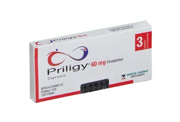 PRILIGY 60 MG 3 FILM KAPLI TABLET kutu fotoğrafı. Dapoksetin içeren film kaplı tablet. Üretici: MENARİNİ İLAÇ SANAYİ VE TİCARET A.Ş.
