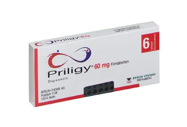 PRILIGY 60 MG 6 FILM KAPLI TABLET (dapoksetin) kutusu, film kaplı tablet. Üretici: MENARİNİ İLAÇ SANAYİ VE TİCARET A.Ş.