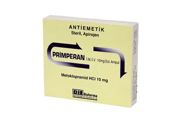 PRIMPERAN IM/IV 10 MG/2 ML 100 AMPUL kutusu. Metoklopramid içeren ampul. Üretici: BİOFARMA İLAÇ SANAYİ VE TİCARET A.Ş.