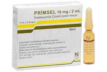 Metoklopramid içeren ampul: PRIMSEL 10 MG/2 ML 5 AMPUL ürün ambalajı. Üretici: OSEL İLAÇ SANAYİ VE TİCARET ANONİM ŞİRKETİ.