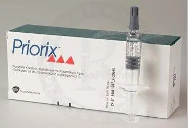 PRIORIX 1 SIRIGA + FLAKON ürün ambalajı. Kızamık kabakulak kızamıkcık aşısı içeren flakon. Üretici: GLAXOSMİTHKLİNE İLAÇLARI SAN. VE TİC. A.Ş.