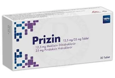 Meklozin + piridoksin içeren tablet: PRIZIN 12,5 MG /25 MG TABLET (30 TABLET) ürün ambalajı. Üretici: VEFA İLAÇ SANAYİ VE TİCARET ANONİM ŞİRKETİ.
