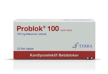 Metoprolol içeren tablet: PROBLOK 100 MG 20 TABLET ürün ambalajı. Üretici: TERRA İLAÇ VE KİMYA SAN. TİC. A.Ş.