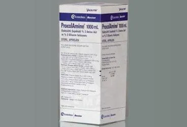 Aminoasit içeren PROCALAMINE SISE 1000 ML(SETLI) ambalajı. Üretici: ECZACIBAŞI-BAXTER HASTANE ÜRÜNLERİ SANAYİ VE TİCARET A.Ş.