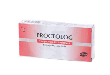 Ruscotenin + trimebutin içeren PROCTOLOG 10 MG/120 MG SUPPOZITUVAR (10 ADET) ürün ambalajı. Üretici: PFİZER PFE İLAÇLARI ANONİM ŞİRKETİ.