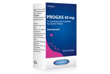 PROGAS 40 MG IV ENJEKSIYONLUK LIYOFILIZE TOZ ICEREN FLAKON kutu fotoğrafı. Pantoprazol içeren flakon. Üretici: VEM İLAÇ SAN. VE TİC. ANONİM ŞİRKETİ.