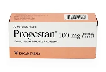 PROGESTAN 100 MG 30 YUMUŞAK KAPSÜL kutusu, yumuşak kapsül formunda progesteron içerir. Üretici: KOÇAK FARMA İLAÇ VE KİMYA SANAYİ A.Ş.