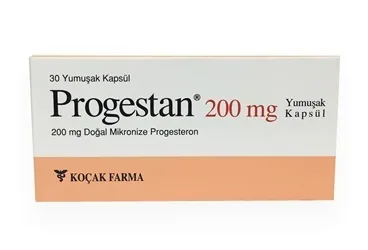 Progesteron içeren yumuşak kapsül: PROGESTAN 200 MG 30 YUMUŞAK KAPSÜL kutusu. Üretici: KOÇAK FARMA İLAÇ VE KİMYA SANAYİ A.Ş.